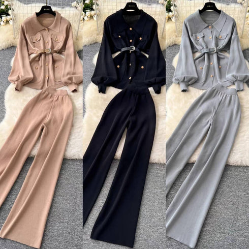 Women High Fashionable Knitted Co-Ord Sets With Belt